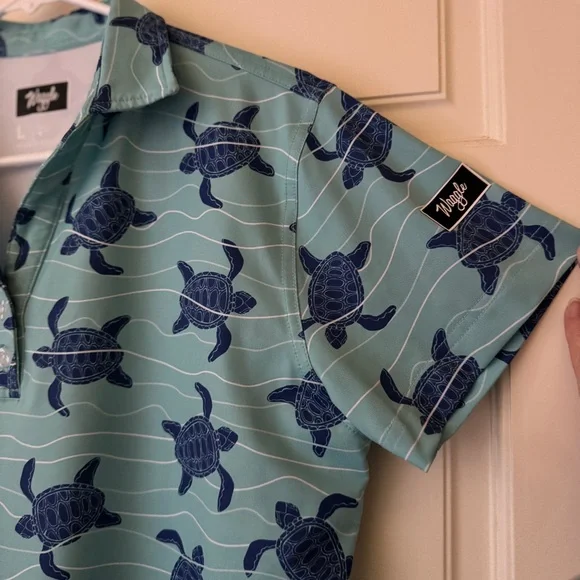 Waggle Men’s (L) Polo Shirt Stretch Performance Size L Aqua Blue Turtle Pattern - Picture 5 of 8